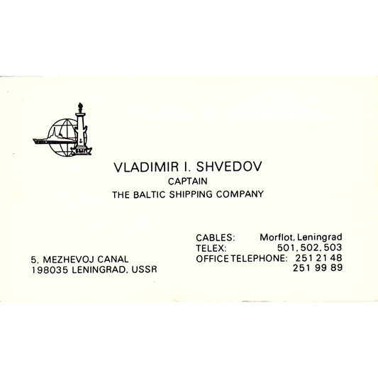 Vladimir I Shvedov Balting Shipping Co Leningrad USSR Vtg Business Card SC9-B3