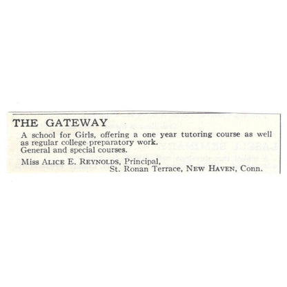 The Gateway School for Girls Alice E. Reynolds New Haven 1924 Magazine Ad AD8-O7