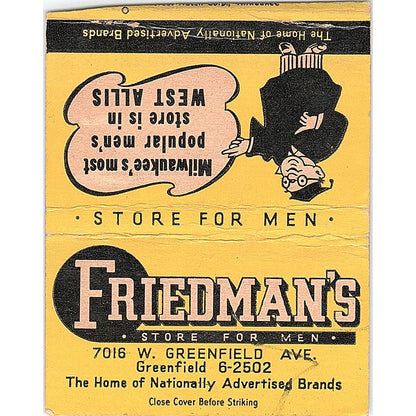 Friedman's Store for Men Greenfield West Allis WI Large Matchbook Cover ML1-8