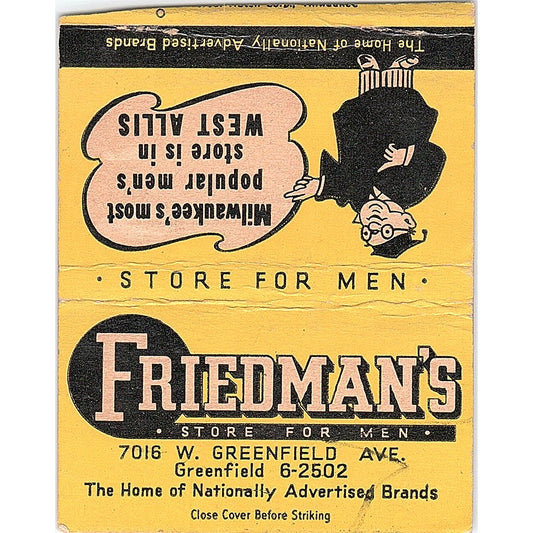 Friedman's Store for Men Greenfield West Allis WI Large Matchbook Cover TH2-Y3