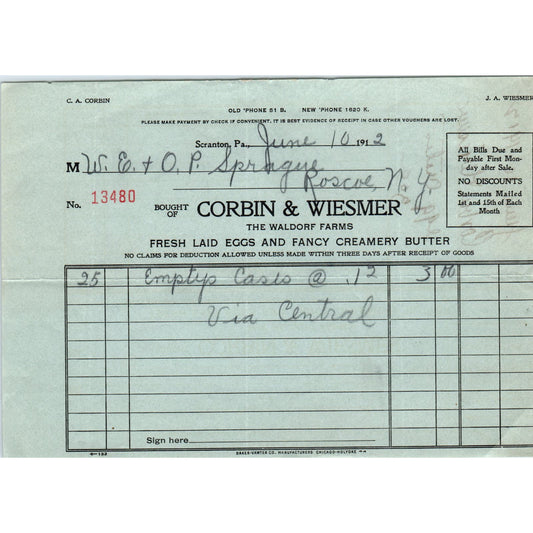 Corbin & Wiesmer Waldorf Farms Scranton PA 1912 Original Billhead Receipt D8-LL