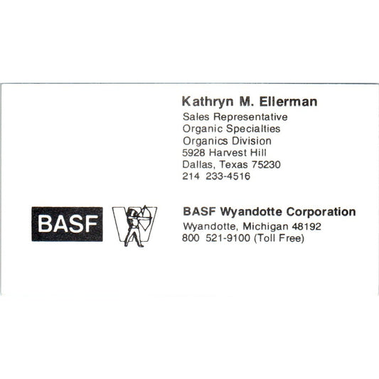 Kathryn M. Ellerman BASF Wyandotte Corp Dallas TX Vintage Business Card SE3-B4