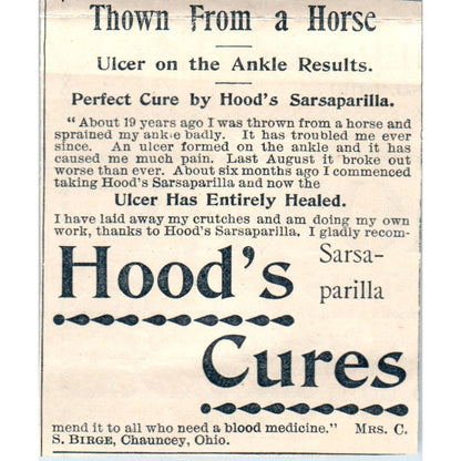 Hood's Sarsaparilla Thrown From a Horse Cure C.S. Birge Chauncey 1894 Ad AB6-SM2