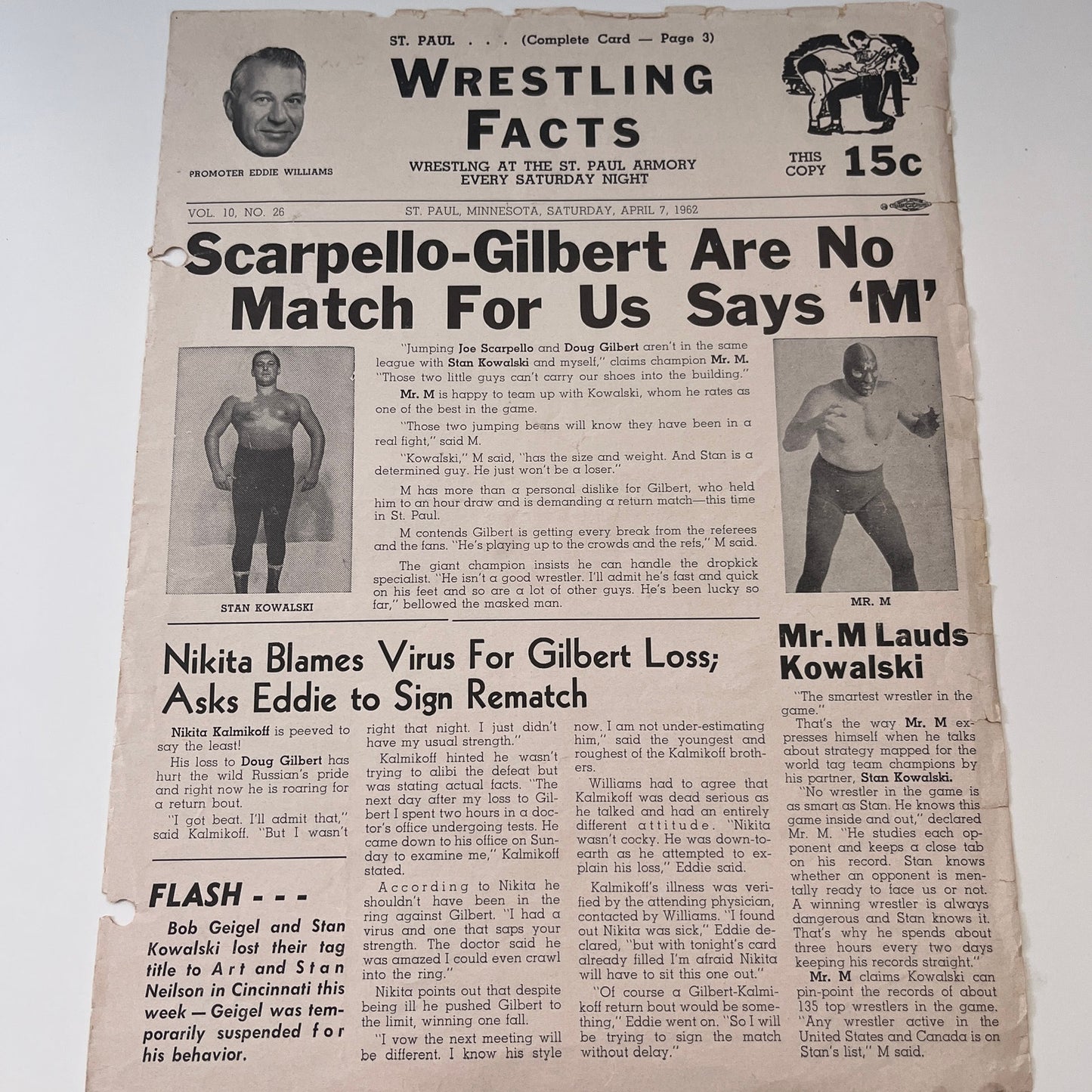 Kowalski Mr. M Gilbert Scarpello Apr 7 1962 Wrestling Facts Program & Card V1-3