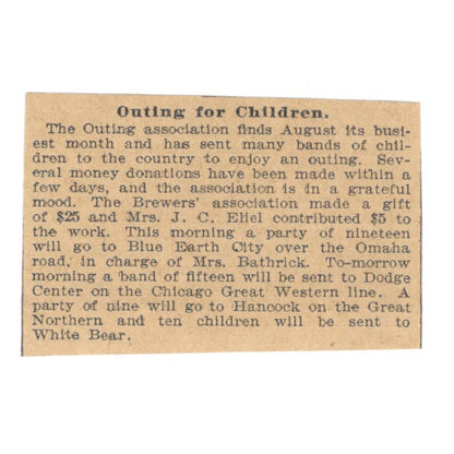 J.C. Eliel Outing for Children to Blue Earth MN St Paul 1898 Newspaper Ad AF2-S3