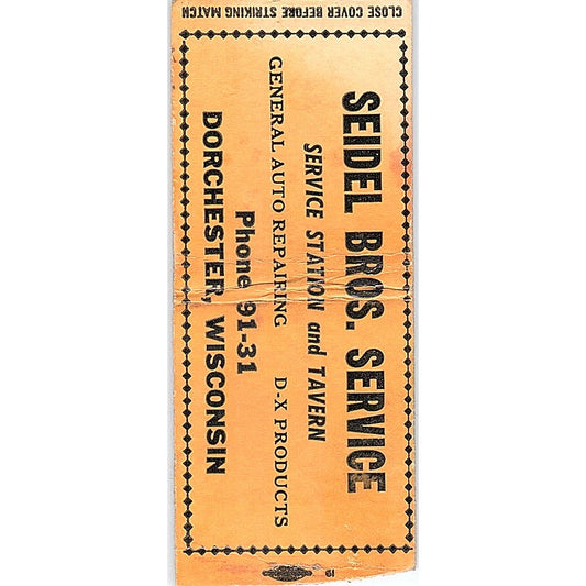 Seidel Bros. Service Dorchester WI Vintage Matchbook Cover SF3-Y5