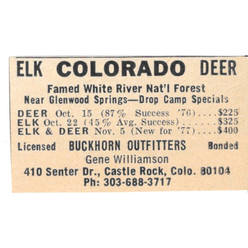 Buckhorn Outfitters Gene Williamson Elk Deer Hunting Castle Rock 1977 Ad AF6-S3