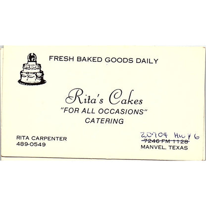 Rita Carpenter Rita's Cakes Manvel TX Vintage Business Card SC9-B5