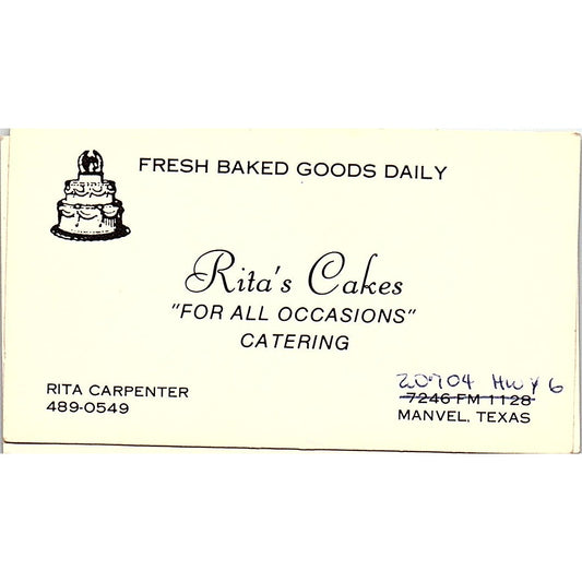 Rita Carpenter Rita's Cakes Manvel TX Vintage Business Card SC9-B5