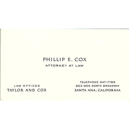 Phillip E Cox Attorney Santa Ana CA Vintage Business Card SE3-B12