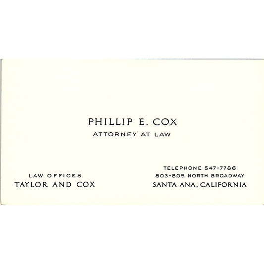 Phillip E Cox Attorney Santa Ana CA Vintage Business Card SE3-B12
