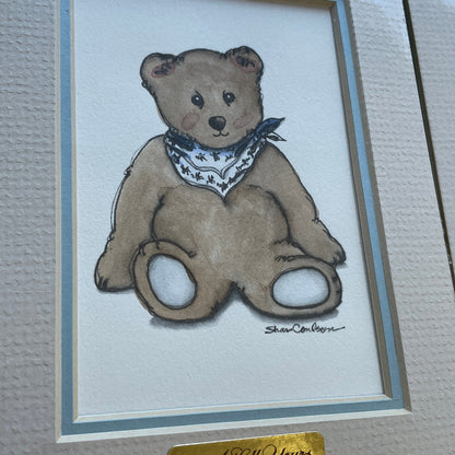 Teddy Bear Blue Accents 5x7 Matted Print Hand Watercolor, Signed Shar Coulson