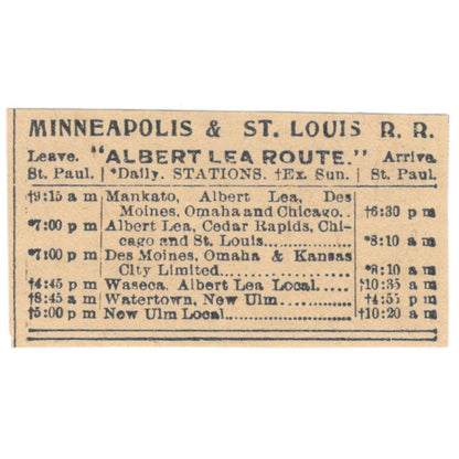 Minneapolis & St. Louis Railroad Albert Lea Route Timetables 1898 Ad AF2-S7