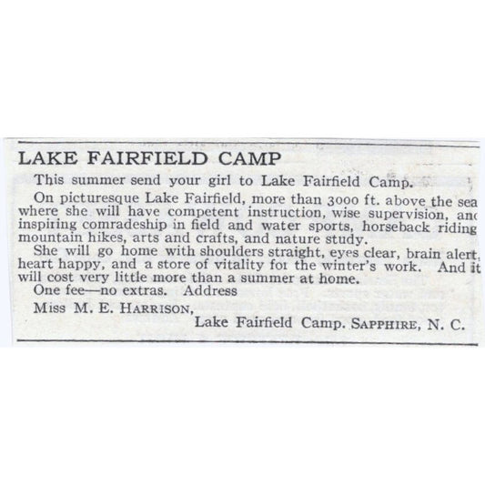 Lake Fairfield Camp M.E. Harrison Sapphire NC c1918 Advertisement AE5-SA3