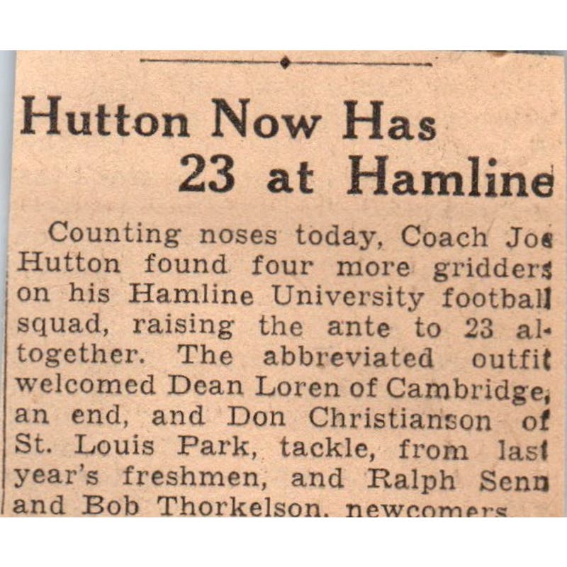 Joe Hutton Hamline University Football 1935 Minneapolis Journal Article AE7-N6