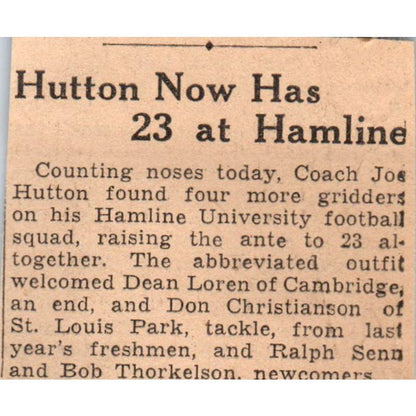 Joe Hutton Hamline University Football 1935 Minneapolis Journal Article AE7-N6
