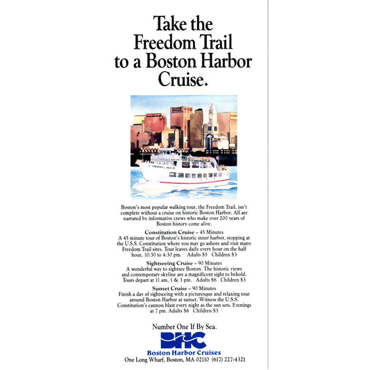 1980s Boston Harbor Cruises One Long Wharf Travel Info Leaflet TF4-BC