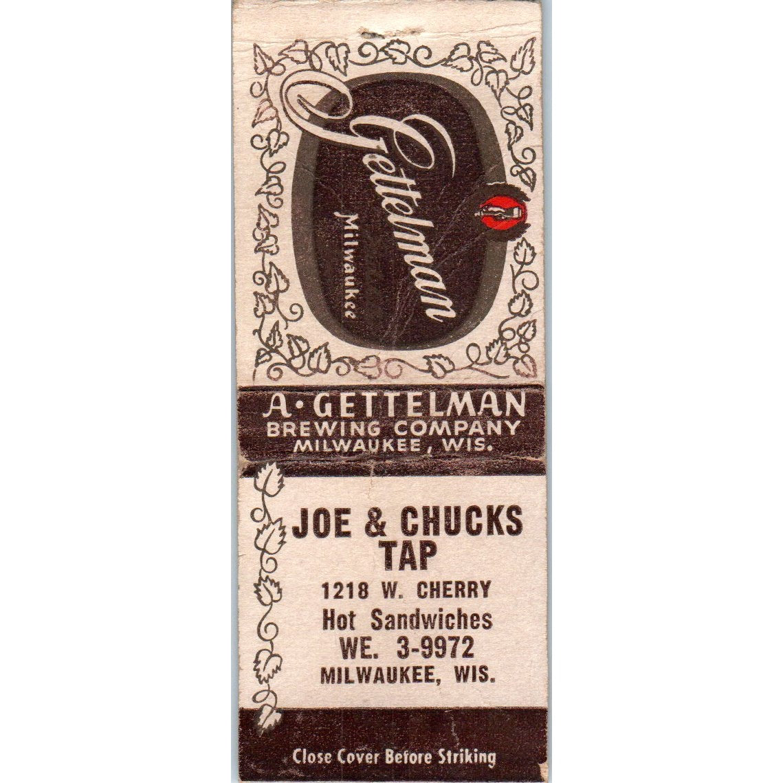 Joe & Chucks Tap Milwaukee WI Vintage Matchbook Cover SD2-Y6