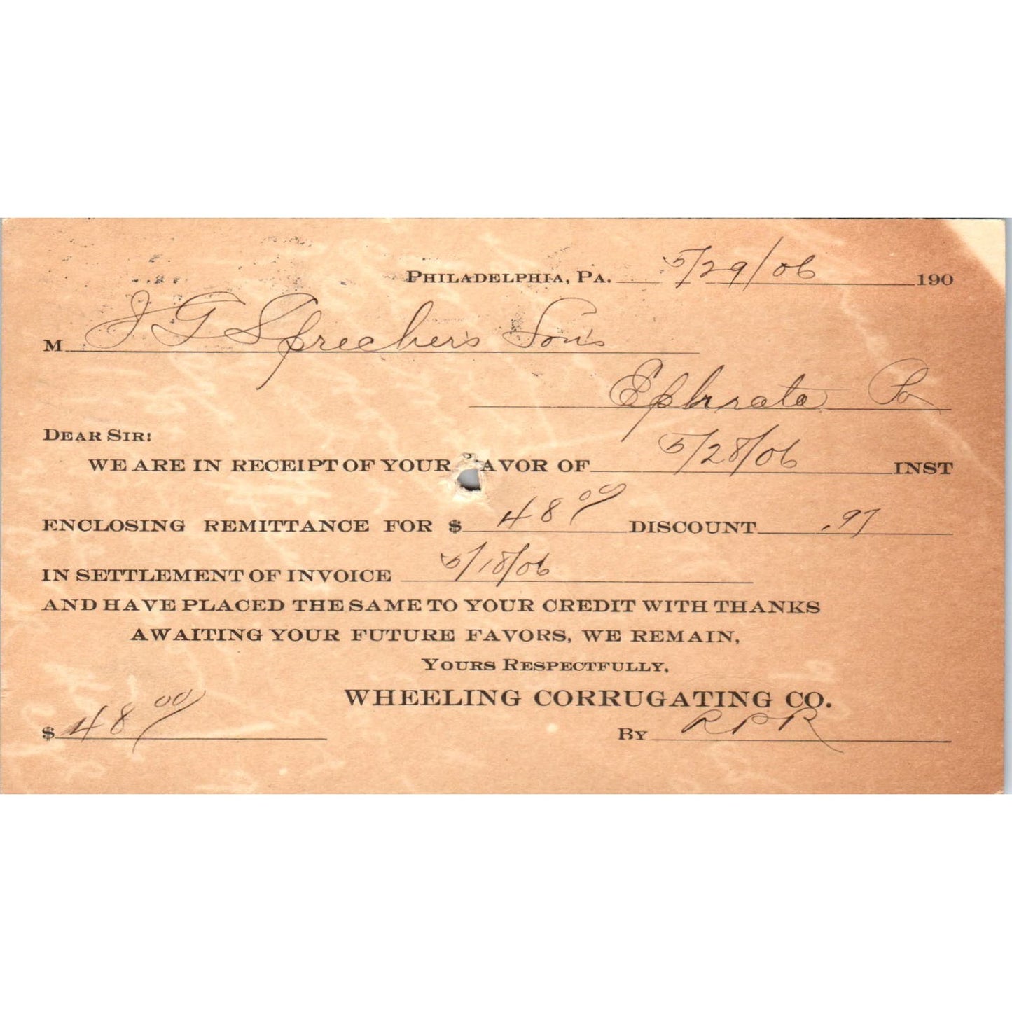 1906 Wheeling Corrugating Co Philadelphia Payment Receipt Postal Card AE8