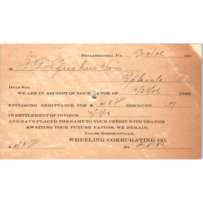 1906 Wheeling Corrugating Co Philadelphia Payment Receipt Postal Card AE8