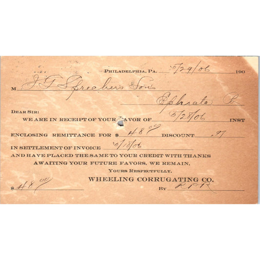 1906 Wheeling Corrugating Co Philadelphia Payment Receipt Postal Card AE8