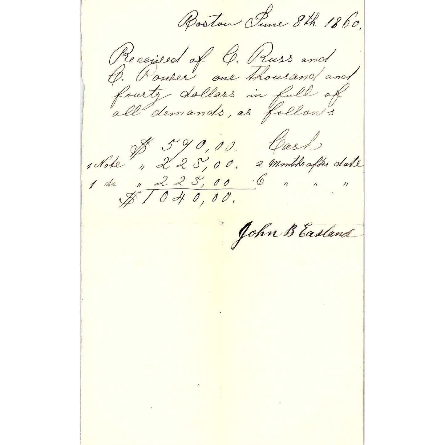 1860 Handwritten Receipt John B. Eastland Boston MA AF4-1