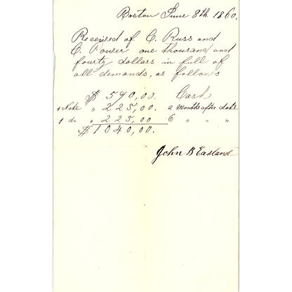 1860 Handwritten Receipt John B. Eastland Boston MA AF4-1