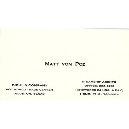 Biehl & Company Matt Von Poz Houston Texas Vintage Business Card SB4-B11