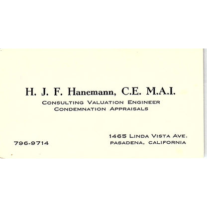 H. J. F. Hanemann C.E. Valuation Engineers Pasadena CA Business Card SF3-B5