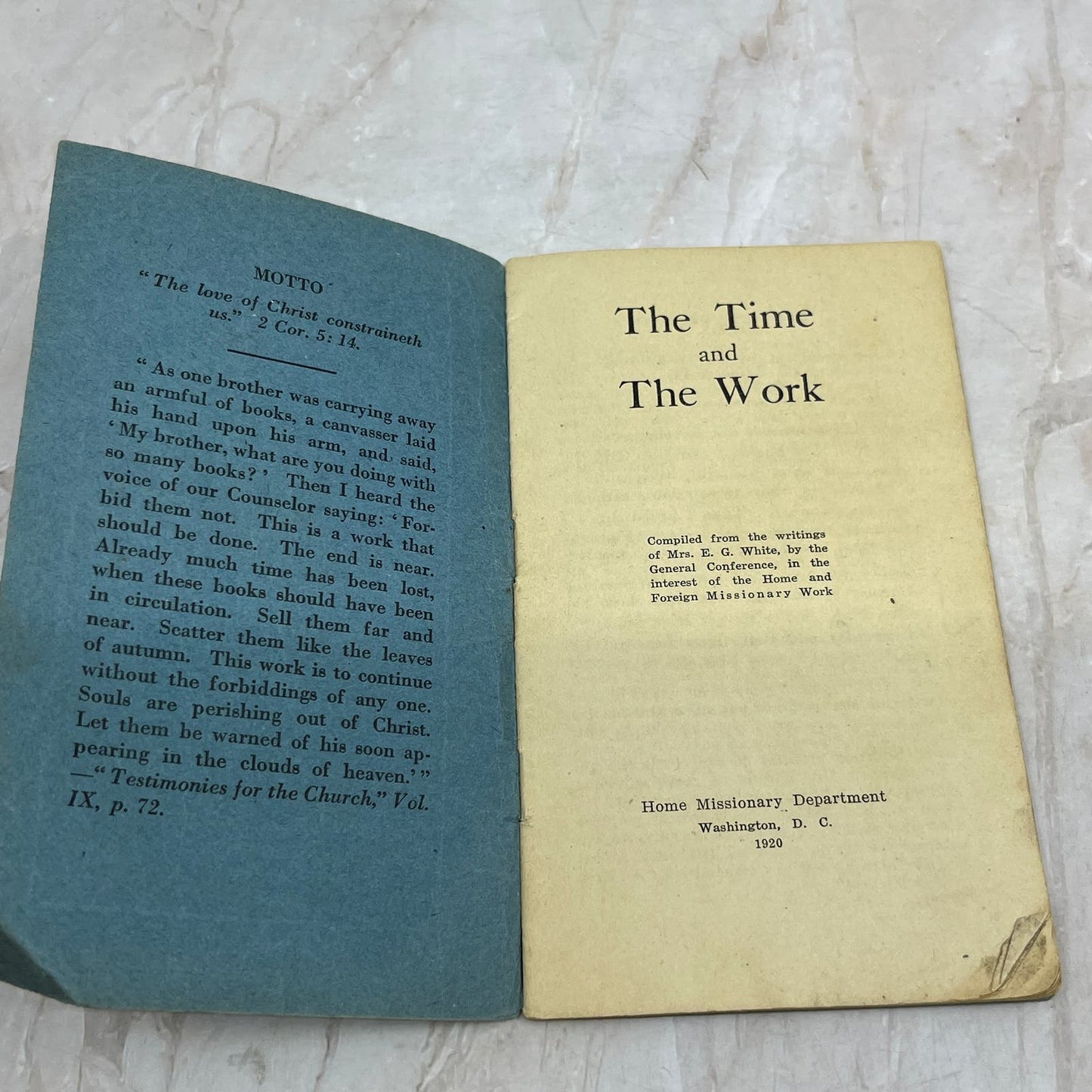 1920 Tract The Time and Work E.G. White Home Missionary Department TG9-E1