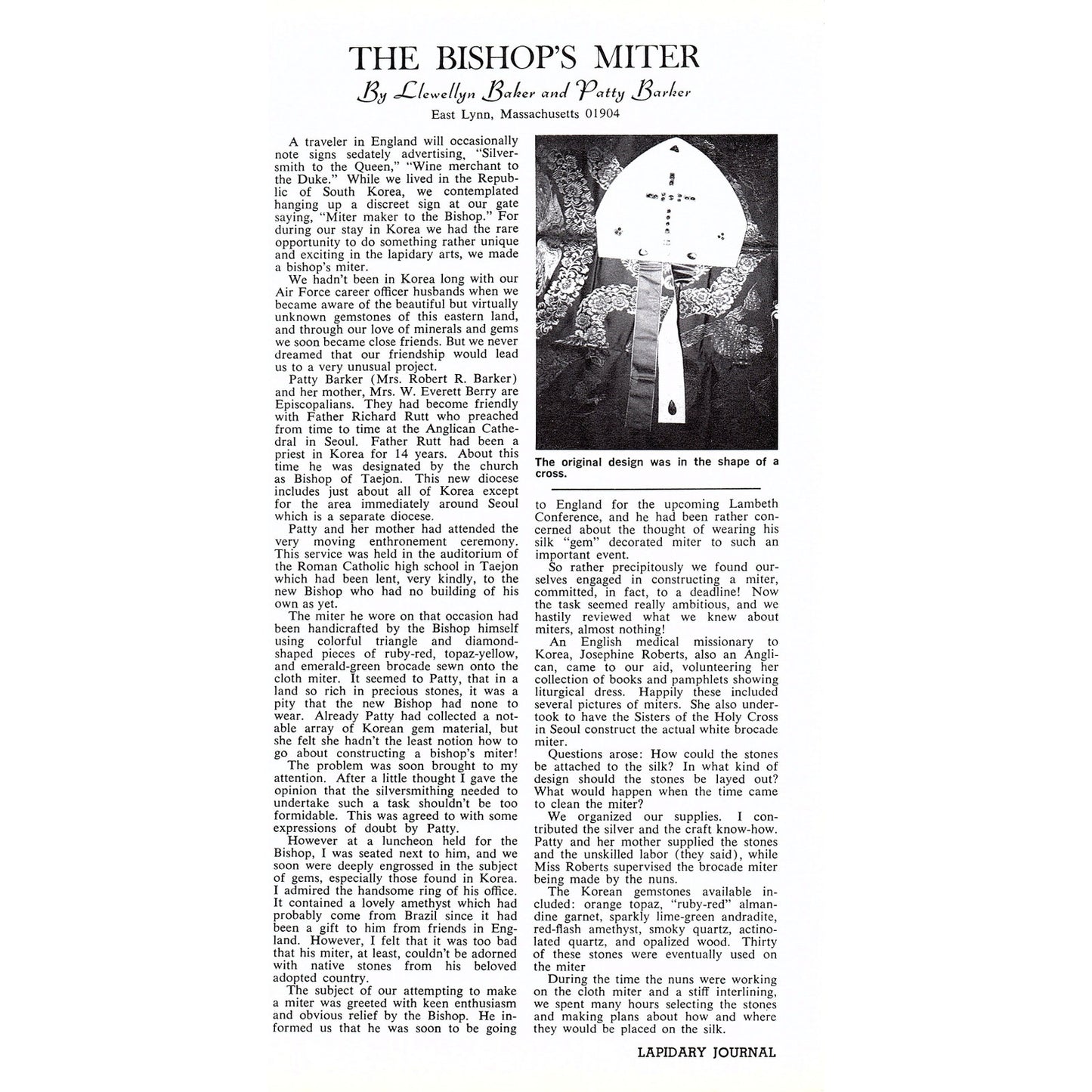 The Bishop's Miter Llewellyn Baker Patty Barker East Lynn MA 1972 Article AF8-2