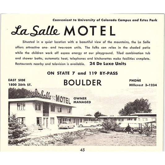 LaSalle Motel, Wayside Lodge Boulder CO 1958 Ad AG1-H2