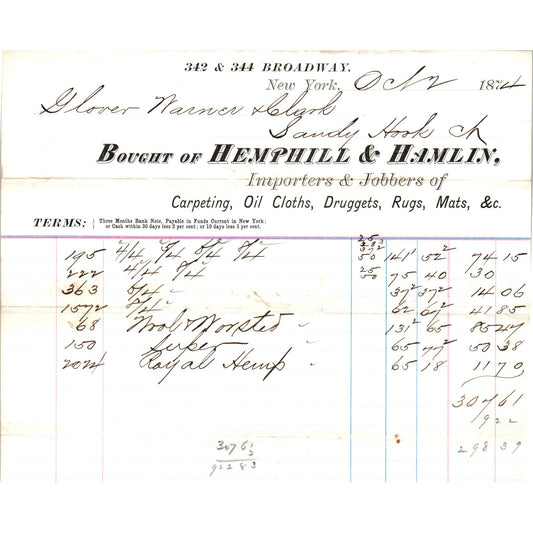 1874 Hemphill & Hamlin Dry Goods New York Receipt Letterhead D24