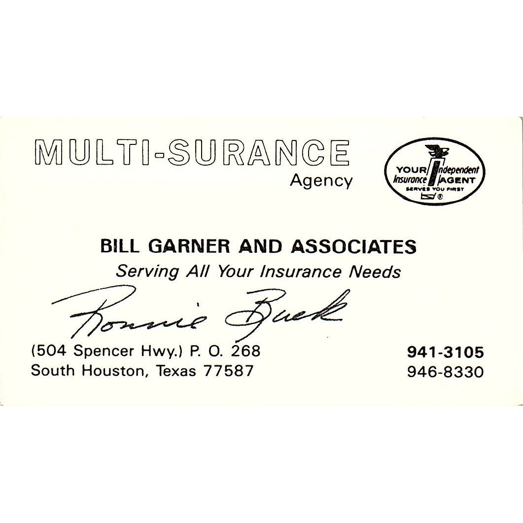 Bill Garner & Associates Multi-Surance Houston Vintage Business Card SD9-B6