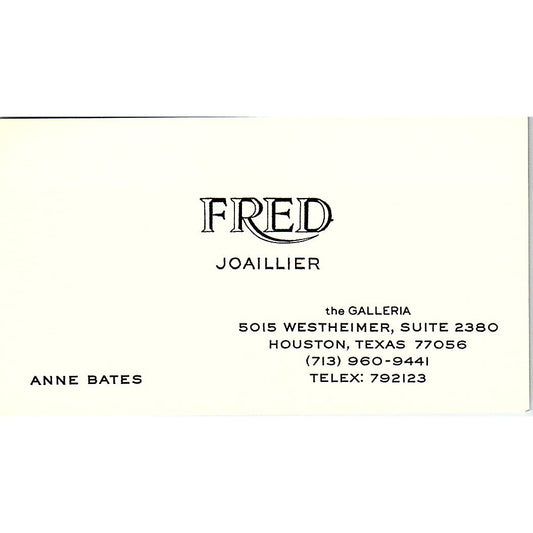 Fred Joaillier Anne Bates Houston Texas Vintage Business Card SB4-B1
