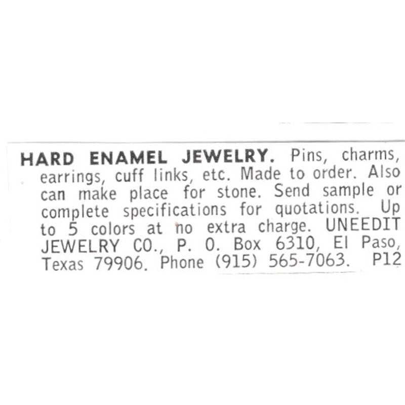 Uneedit Jewelry Co Hard Enamel Jewelry El Paso Texas 1972 Ad AF8-S9