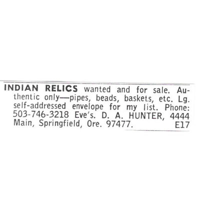 D. A. Hunter Indian Relics Springfield Oregon 1972 Ad AF8-S18