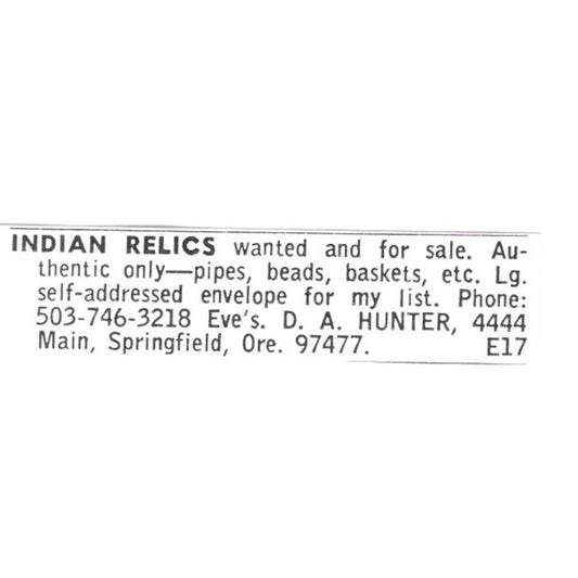 D. A. Hunter Indian Relics Springfield Oregon 1972 Ad AF8-S18