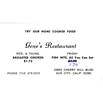 Gene's Restaurant Sun City California Vintage Business Card SD8-B7