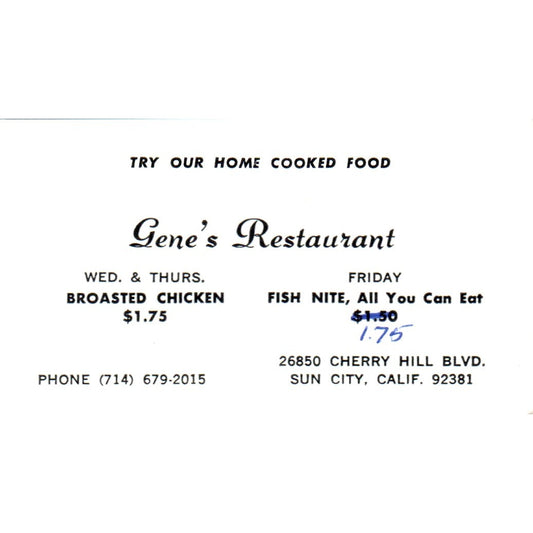 Gene's Restaurant Sun City California Vintage Business Card SD8-B7