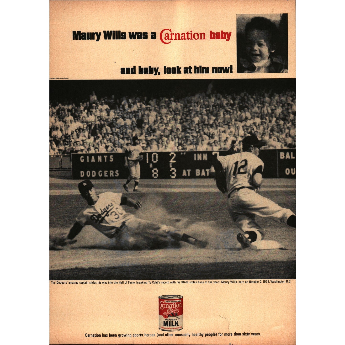 Vintage Maury Wills Dodgers Baseball MLB Carnation Milk Magazine Ad 9.5x13" V1-1
