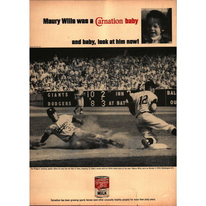 Vintage Maury Wills Dodgers Baseball MLB Carnation Milk Magazine Ad 9.5x13" V1-1