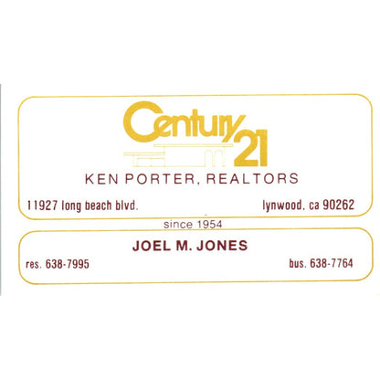 Joel M. Jones Ken Porter Century 21 Realty Lynwood Vintage Business Card SD4-B5