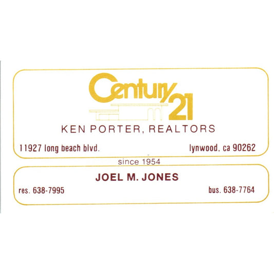 Joel M. Jones Ken Porter Century 21 Realty Lynwood Vintage Business Card SD4-B5