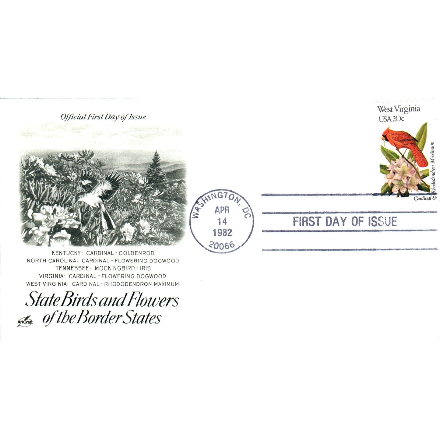 West Virginia 1982 State Birds & Flowers Border States First Day Issue TJ5-PC3