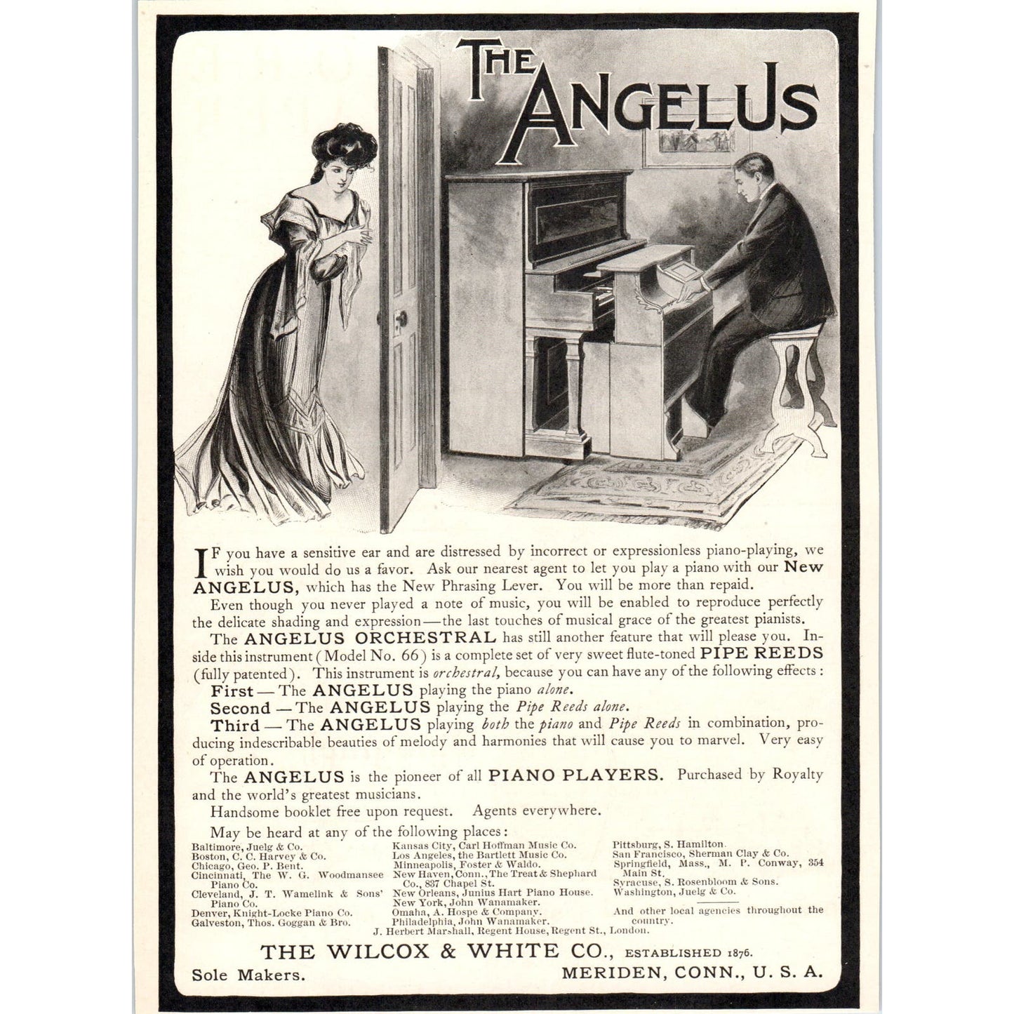 The Angelus Piano Wilcox & White Co Meriden CT c1905 Victorian Ad D12