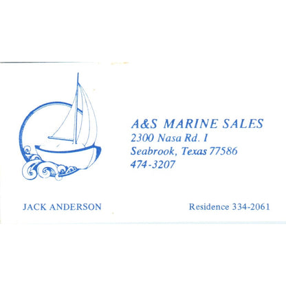 A&S Marine Sales Jack Anderson Seabrook TX Vintage Business Card SD8-B8
