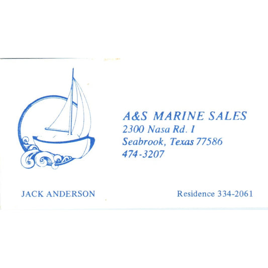A&S Marine Sales Jack Anderson Seabrook TX Vintage Business Card SD8-B8