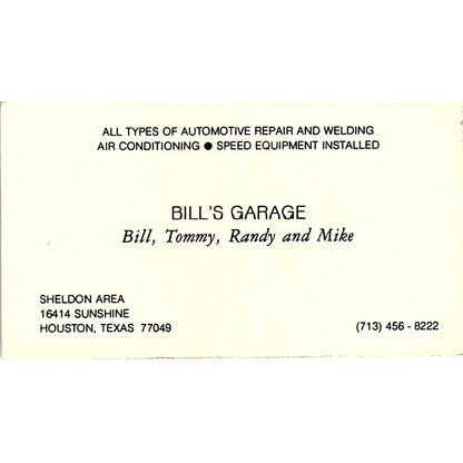 Bill's Garage Sheldon Area Houston TX Vintage Business Card SE3-B14