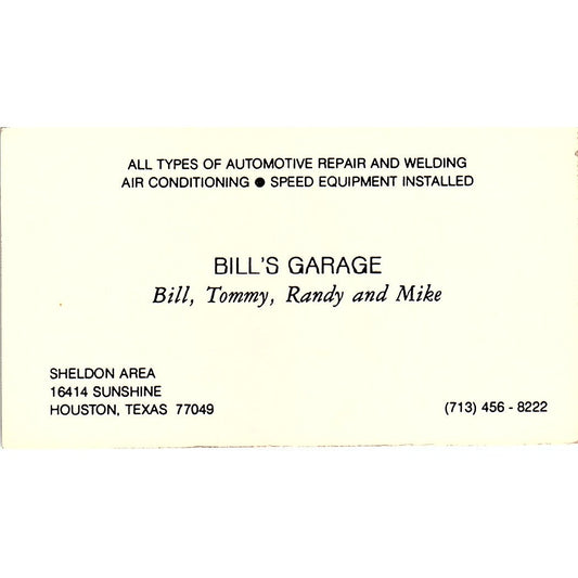 Bill's Garage Sheldon Area Houston TX Vintage Business Card SE3-B14